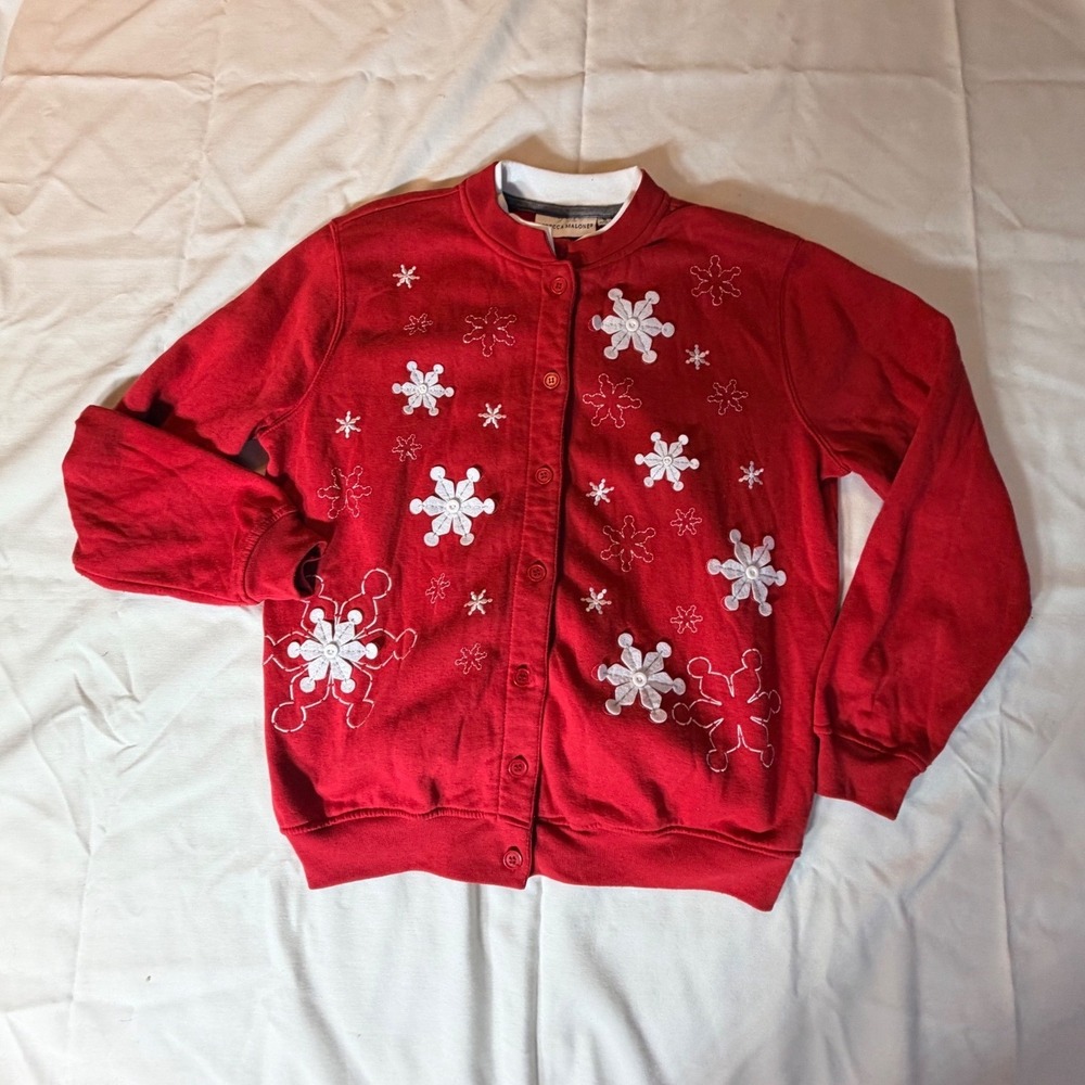 Rebecca Malone Red Snowflake Button Front Sweatshirt Cardigan Women S Holiday